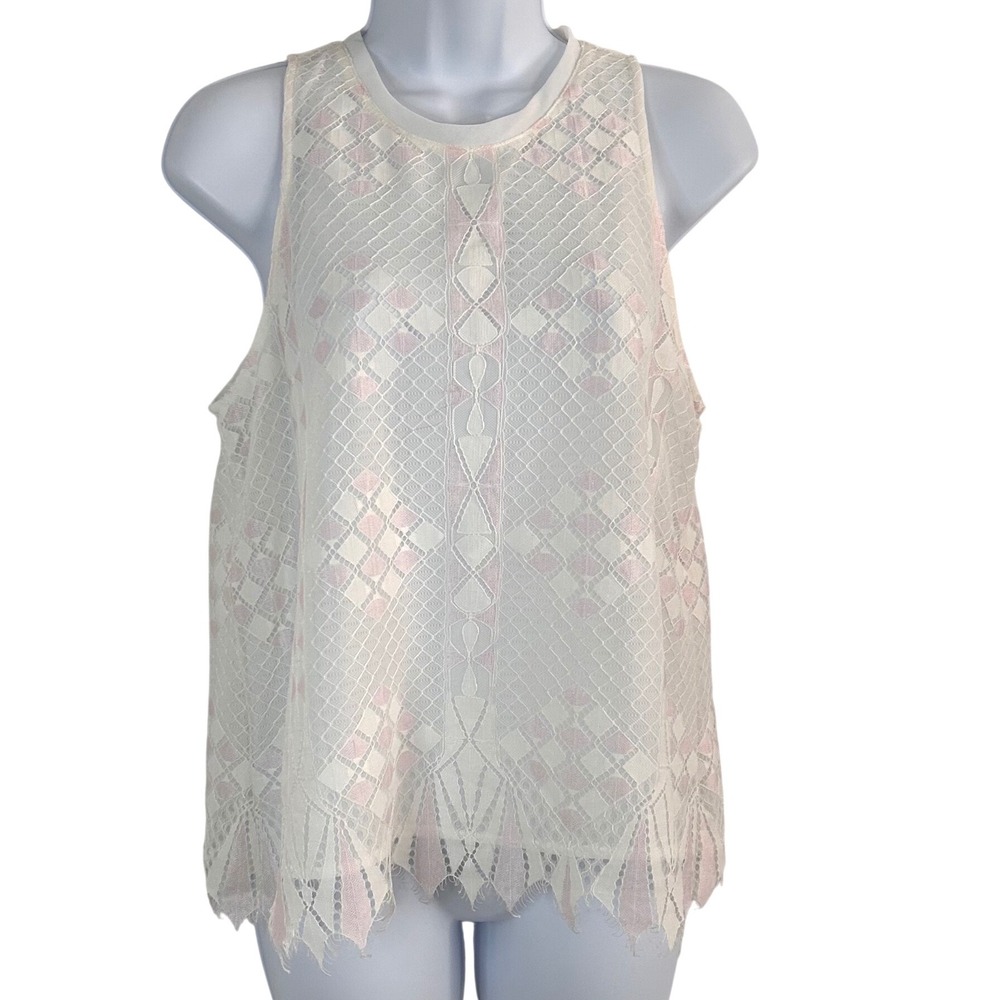 NWOT G X F Women's S Ivory Pink Geometric Lace Sleeveless Keyhole Back Top Fairy